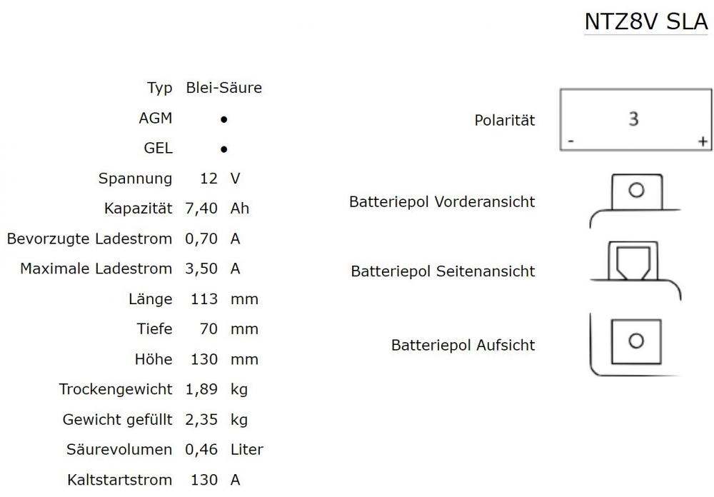 Nitro NTZ8V / YTZ8V SLA GEL AGM Batterie 12V 7,4AH - Einbaufertig (FTZ8V BTZ8V)