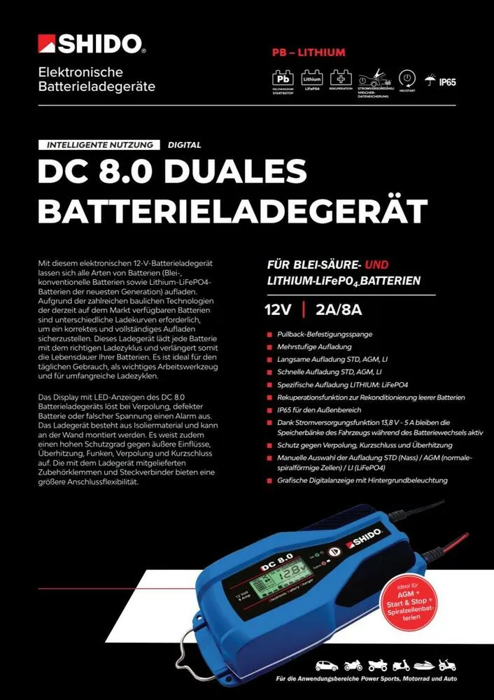 Shido DC8.0 Batterieladegerät 12V 2A / 8A für Blei-Säure + Lithium Batterie