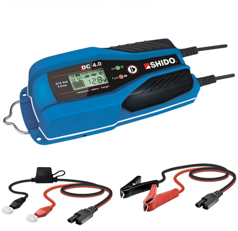 Shido_Batterie_Ladegeraet_DC40_mit_Kabelsatz Shido DC4.0 Batterieladegerät 6V / 12V 4A für Blei-Säure + Lithium Batterie