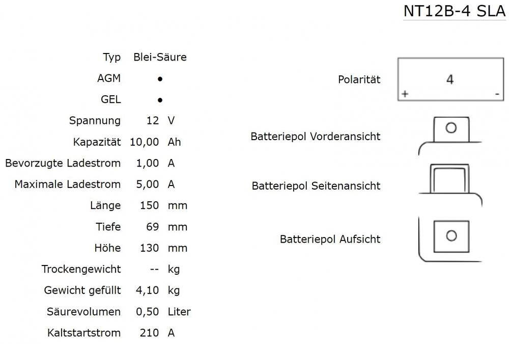 Nitro NT12B-4 / YT12B-BS AGM Batterie 12V 10AH - Einbaufertig (YT12-B4)