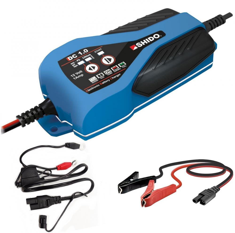 Shido_Batterie_Ladegeraet_DC10_Gesamt_mit_Kabelsatz Shido DC1.0 Batterieladegerät 12V 1A für Blei-Säure + Lithium Batterie