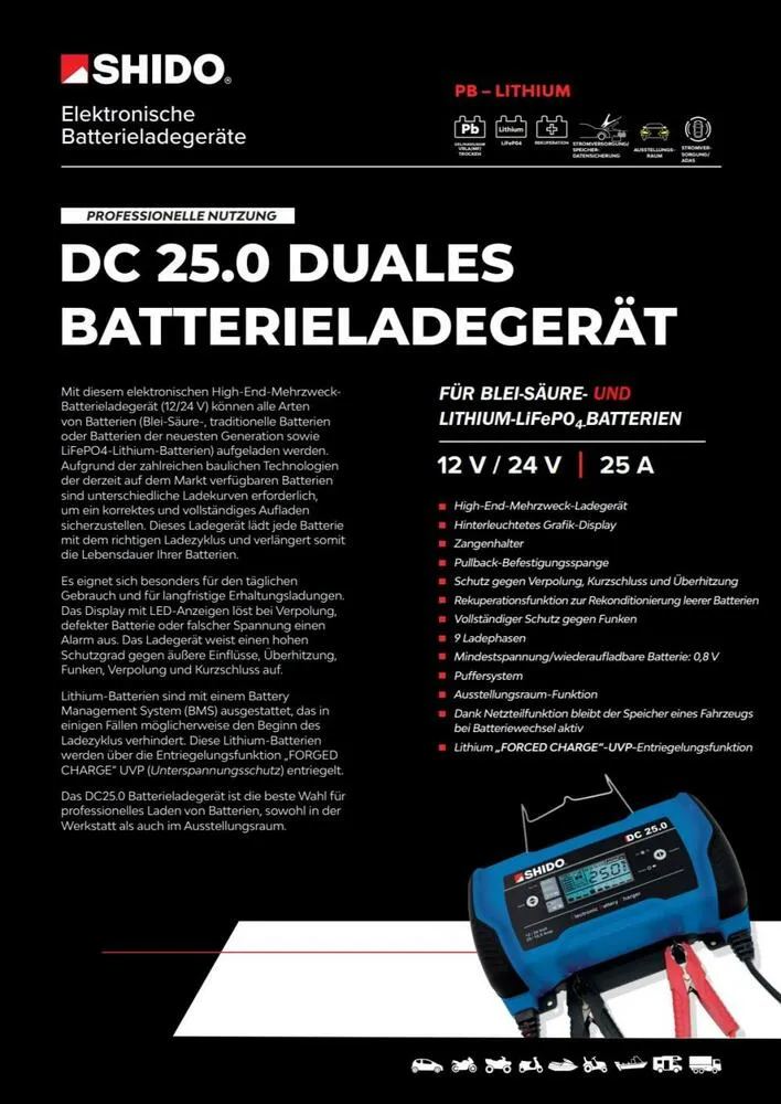 Shido DC25.0 Batterieladegerät 12V + 24V 5A / 12.5A / 25A für Blei-Säure + Lithium Batterie